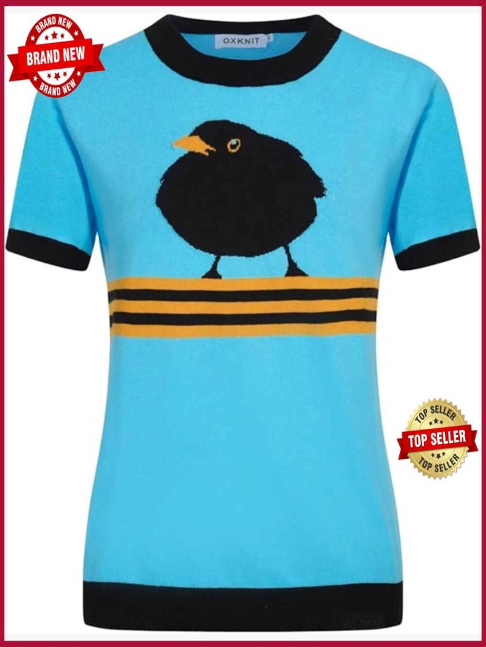 1960s Mod Style Birds Pattern Crewneck Knit Tee Short Sleeve Top